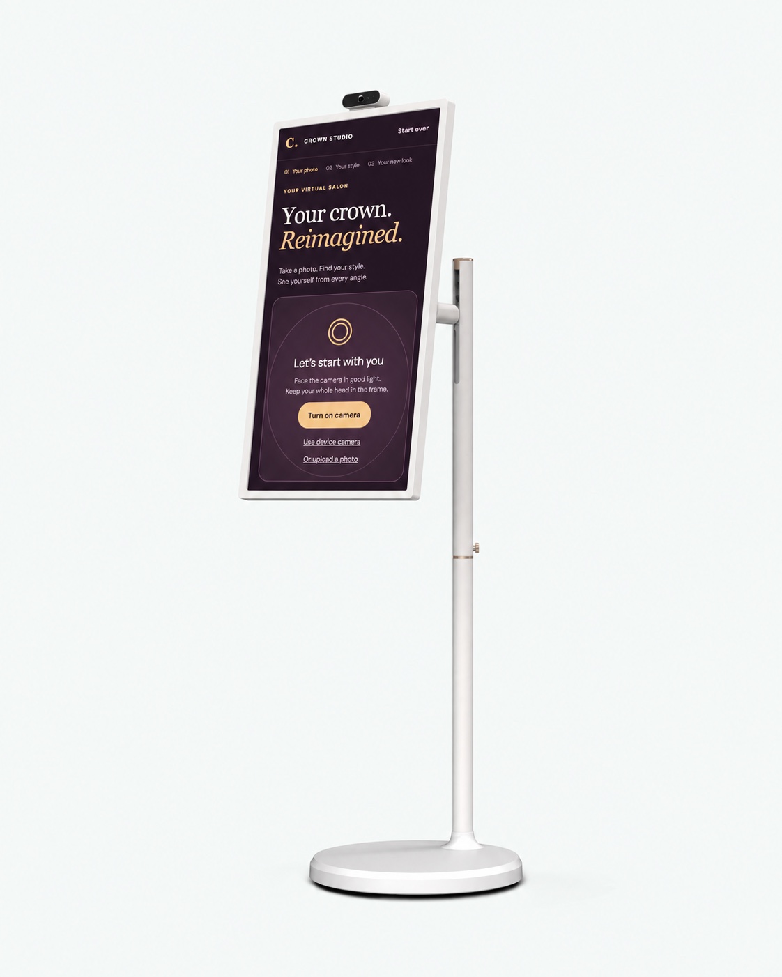 White Smart Station displaying the Crown Studio kiosk demo — screen mockup