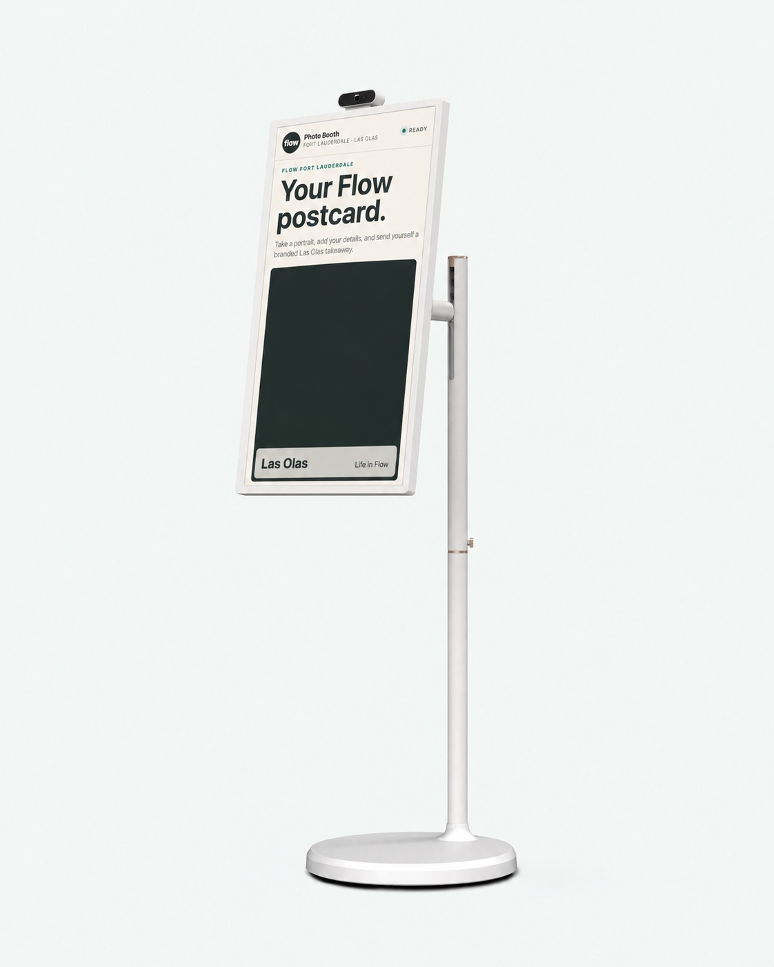White Smart Station displaying the Flow Fort Lauderdale kiosk demo — screen mockup