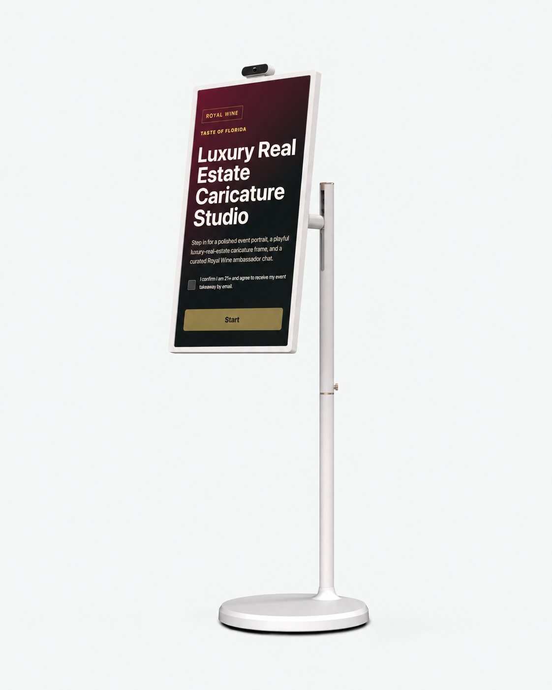 White Smart Station displaying the Royal Wine kiosk demo — screen mockup