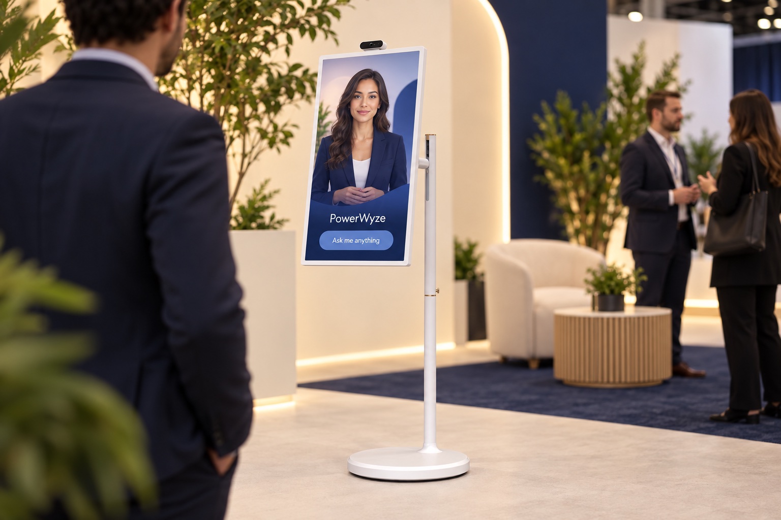A white Smart Station with an AI ambassador at a trade-show booth — generated concept