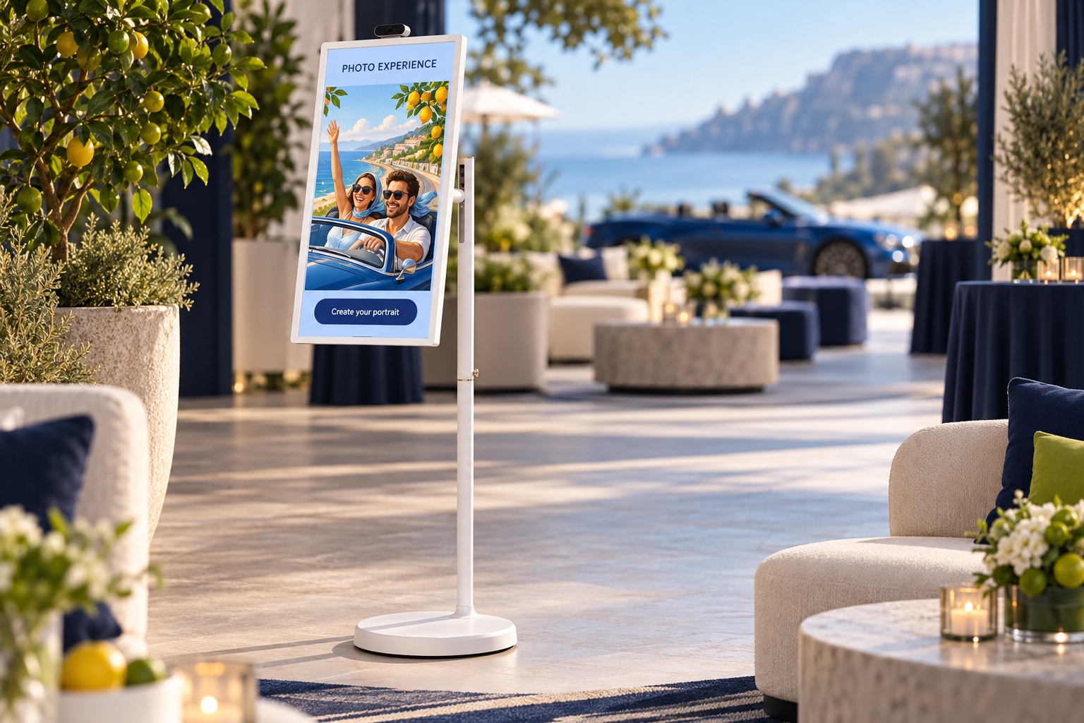 A white Smart Station showing a coastal photo experience — generated concept